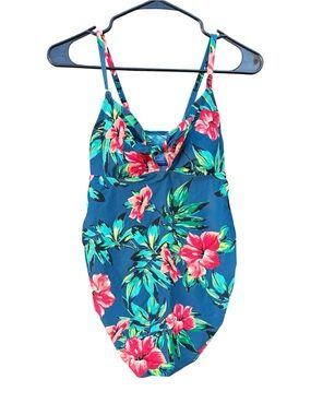 Blue Floral One-Piece Swimsuit with Pink Hibiscus